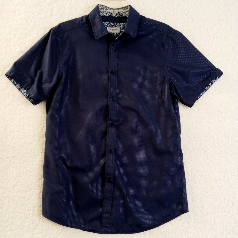 Berto Romani London Mens Large Navy Blue Micro Texture Floral‎ Trim Button Shirt